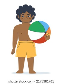 boy in yellow shorts holds a beach ball to play on the beach or water. Isolated on white background.Flat vector illustration. Eps10