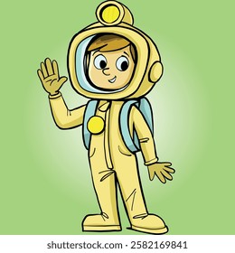 boy in a yellow spacesuit greets the audience