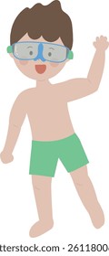 Boy in yellow swimsuit and goggles smiling and waving
