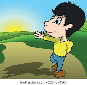 Boy in Yellow T-shirt with Raised Hand - Colored Cartoon Illustration with Background, Vector