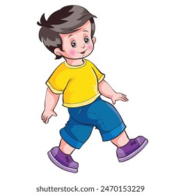 a boy in a yellow t-shirt walks fervently, cartoon illustration, isolated object on white color, vector illustration, eps