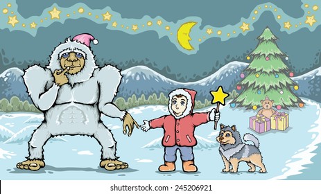 Boy and yeti monster. / Help Put A Star On The Top Of His Christmas Tree. / Hand drawn with pen tablet.