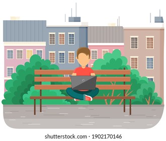 Boy in yoga pose siting on the bench in park with laptop, works in nature, typing on the keyboard. Cartoon vector character communicates on a social network on a wooden street bench outdoor