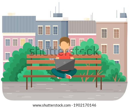 Boy in yoga pose siting on the bench in park with laptop, works in nature, typing on the keyboard. Cartoon vector character communicates on a social network on a wooden street bench outdoor