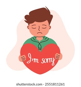 Boy, young guy holding a heart with the inscription I'm sorry. Vector illustration of a heart with apologies