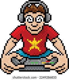 Un niño, un joven, un niño o un niño que juega videojuegos en su consola vintage dibujo de estilo de píxel retro