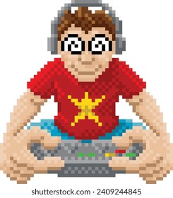 A boy, young man, kid or child gamer playing video games on his console vintage retro pixel art style cartoon