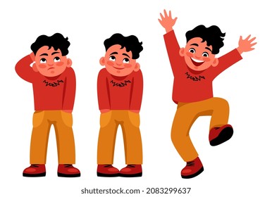 boy, young man is puzzled by a problem, anxious, upset, dreams of something, jumping for joy happy