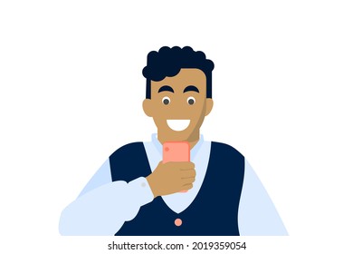 Boy, young man or teenager holding mobile smartphone with happy expression on his face