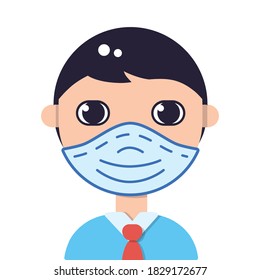 Boy or young man wearing face medical protective mask isolated flat vector icon, COVID-19 coronavirus pandemic prevention avatar.
