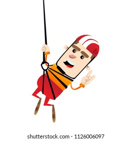 Boy ziplining. Vector cartoon character illustration.