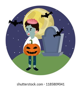 boy with zombie costume and rip stone
