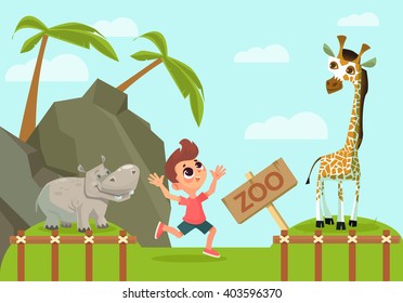 Boy in zoo. Vector cartoon flat illustration