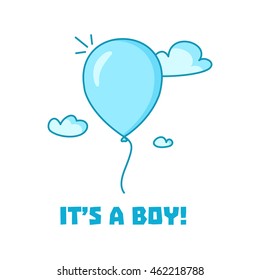 It's a boy-baby shower invitation design template. Greeting card with a blue flying balloon. Vector illustration.
