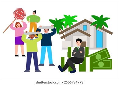 Boycott against some filthy rich businessman. Property. Vector simple color flat illustration.