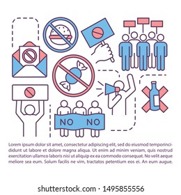 Boycott article page vector template. Voluntary abstention brochure, magazine, booklet design element with linear icons and text boxes. Protest print design. Concept illustrations with text space