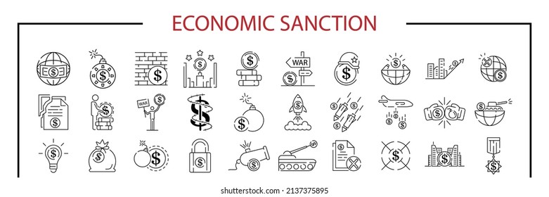 Boycott, Business War, Trade War Icon Set In Thin Line Style. Economic Sanction