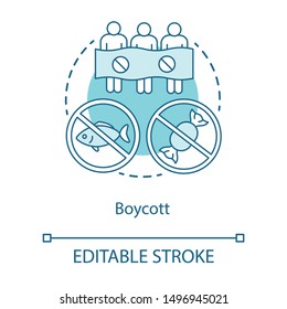 Boycott concept icon. Public demonstration, product sanctions, consumer activism idea thin line illustration. Protesters, activists with banner vector isolated outline drawing. Editable stroke