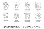 Boycott vector icons. Set of social confrontation symbols editable stroke. Strike protest sanction consumer activism. Economic loss moral purchasing nonviolent resistance solidarity action