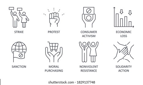Boycott Vector Icons. Set Of Social Confrontation Symbols Editable Stroke. Strike Protest Sanction Consumer Activism. Economic Loss Moral Purchasing Nonviolent Resistance Solidarity Action
