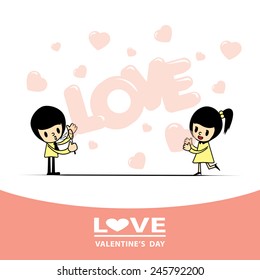 boyfriend blowing the word love in a soap bubble and heart-shaped soap bubbles give to his girlfriend.