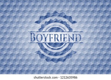 Boyfriend blue badge with geometric pattern.