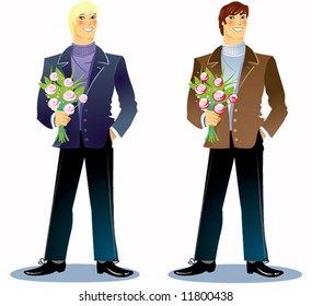 The boyfriend with a bouquet in hands