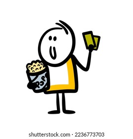 Boyfriend with a bucket of popcorn holds two tickets to the cinema. Vector illustration of dating.