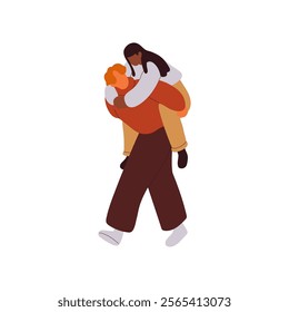 Boyfriend carries his girlfriend on back during walk. Cute couple loves each other, strolls together. Teen beloveds, happy people have fun on romantic date. Flat isolated vector illustration on white