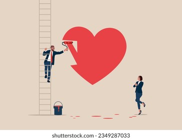 Boyfriend climb up stepladder and in love paint a love heart shape. Girlfriend rejoices.  Valentines day concept. Vector illustration in flat style.