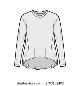 Boyfriend cotton-jersey T-shirt technical fashion illustration with classic crew neckline, long sleeves, oversized, high-low hem. Flat outwear apparel template front grey color. Women men unisex top