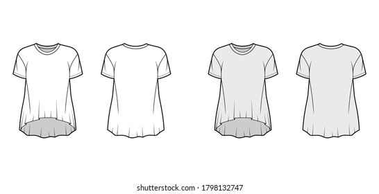 Boyfriend cotton-jersey T-shirt technical fashion illustration with classic crew neckline, short sleeves, oversized, high-low hem. Flat apparel template front back white grey color. Women men top CAD