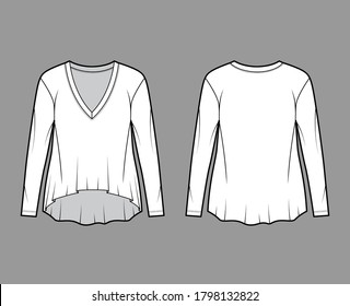 Boyfriend cotton-jersey T-shirt technical fashion illustration with plunging V-neckline, long sleeves, oversized, high-low hem. Flat apparel template front back white color. Women men unisex top CAD