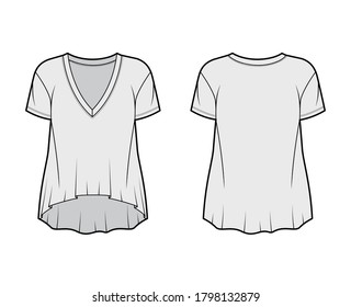 Boyfriend cotton-jersey T-shirt technical fashion illustration with plunging V-neckline, short sleeves, oversized, high-low hem. Flat apparel template front back grey color. Women men unisex top CAD