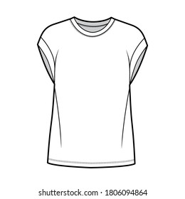 Boyfriend cotton-jersey T-shirt technical fashion illustration with classic crew neckline, short cap sleeves, oversized. Flat apparel template front white color. Women men, unisex top CAD mockup