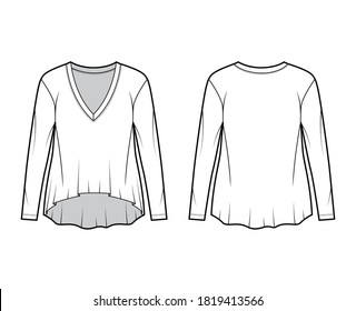 Boyfriend cotton-jersey T-shirt technical fashion illustration with plunging V-neckline, long sleeves, oversized, high-low hem. Flat apparel template front back white color. Women men unisex top CAD
