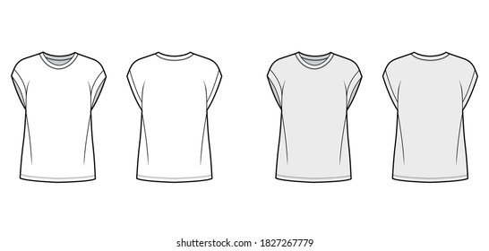 Boyfriend cotton-jersey T-shirt technical fashion illustration with classic crew neckline, short cap sleeves, oversized. Flat apparel template front back white grey color. Women, unisex top CAD mockup