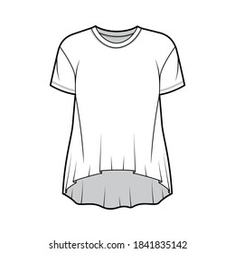 Boyfriend cotton-jersey T-shirt technical fashion illustration with classic crew neckline, short sleeves, oversized, high-low hem. Flat outwear apparel template front white color. Women men unisex top