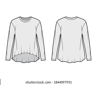 Boyfriend cotton-jersey T-shirt technical fashion illustration with classic crew neckline, long sleeves, oversized, high-low hem. Flat apparel template front back grey color. Women men unisex top CAD