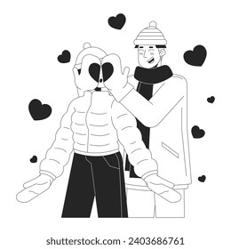 Boyfriend covering girlfriend eyes guess who black and white cartoon flat illustration. Cold weather asian couple 2D lineart characters isolated. Romantic winter monochrome scene vector outline image