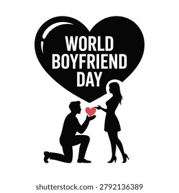 Boyfriend day featuring a black silhouette of a man kneeling to propose to a woman with a large heart shape and red heart
