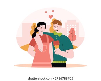 Un novio abrazándose mientras sostiene un cono de helado, para su novia. Diseño de personajes. Ilustración plana de Vector