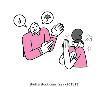 Boyfriend explaining to angry girlfriend Hand Drawn Character Illustration