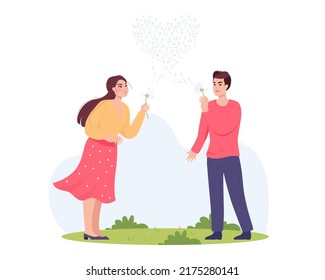 Boyfriend and girlfriend blowing dandelions together. Couple making heart out of dandelion seeds in wind flat vector illustration. Love, romance, spring, summer concept for banner, website design