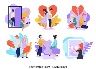 Boyfriend and girlfriend breaking up. Conflicts and problems in relationship. Man and woman separated, wife and husband. Lonely and sad personages, rejection and sadness, vector in flat style