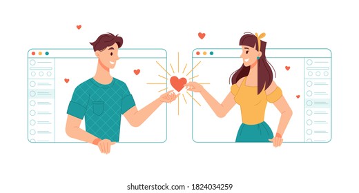Boyfriend and girlfriend communicating online with help of internet and video call applications. Dating and match finder, love on distance, relationships and romance, chatting lovers in web vector