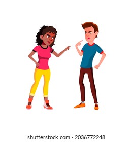 Boyfriend And Girlfriend Couple Conflict Vector. Aggressive Conflict Of Friends Boy And Girls Teenagers, Angry Quarrelling And Discussing. Characters Shouting Flat Cartoon Illustration