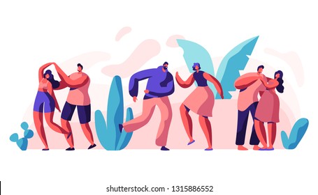 Boyfriend Girlfriend Couple Dance Together Set. Male and Female Partner have Fun Dancing. Active Leisure Template. Collection of Man Woman Stand in Fun Pose. Flat Cartoon Vector Illustration