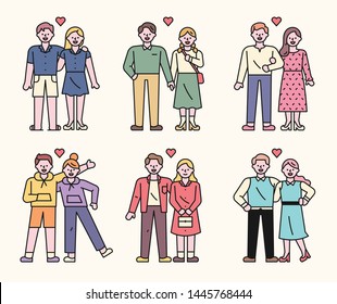 Boyfriend and girlfriend are dressed as a couple look. Couples dressed in similar fashion styles. flat design style minimal vector illustration.