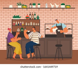 Boyfriend and girlfriend drinking coffee in cafe on date. Male and female friends enjoying tea by barista counter. Man and woman relaxing in restaurant on weekends. People in cafeteria vector